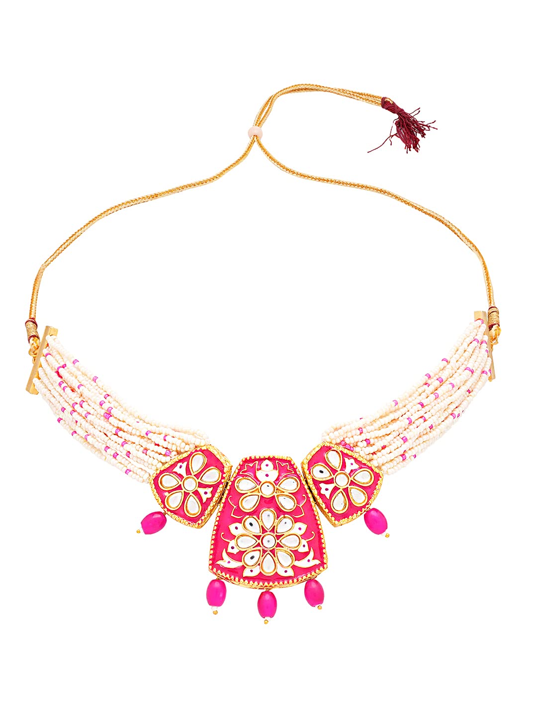 Yellow Chimes Jewellery Set for Women Gold Toned Kundan and Crystal Studded Pearl Drop with Beads Pink Meeanakari Touch Choker Necklace Set with Earrings for Women and Girls