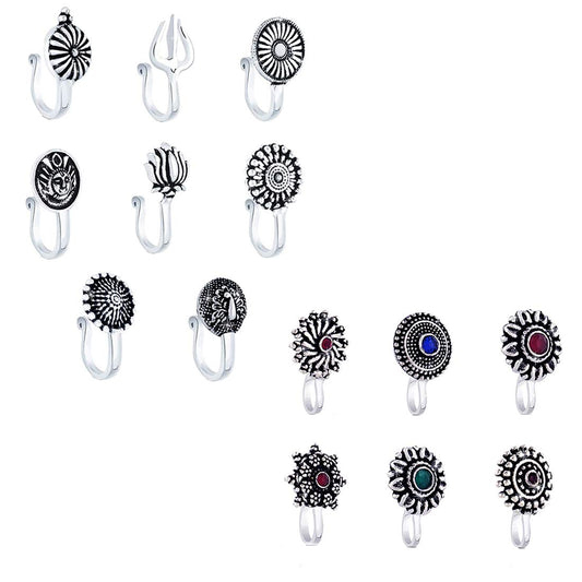 Yellow Chimes Oxidised Nose Pins for Women Silver Oxidized Nosepin Classic 15 Pcs Combo without Piercing Nose Pins for Women and Girls.