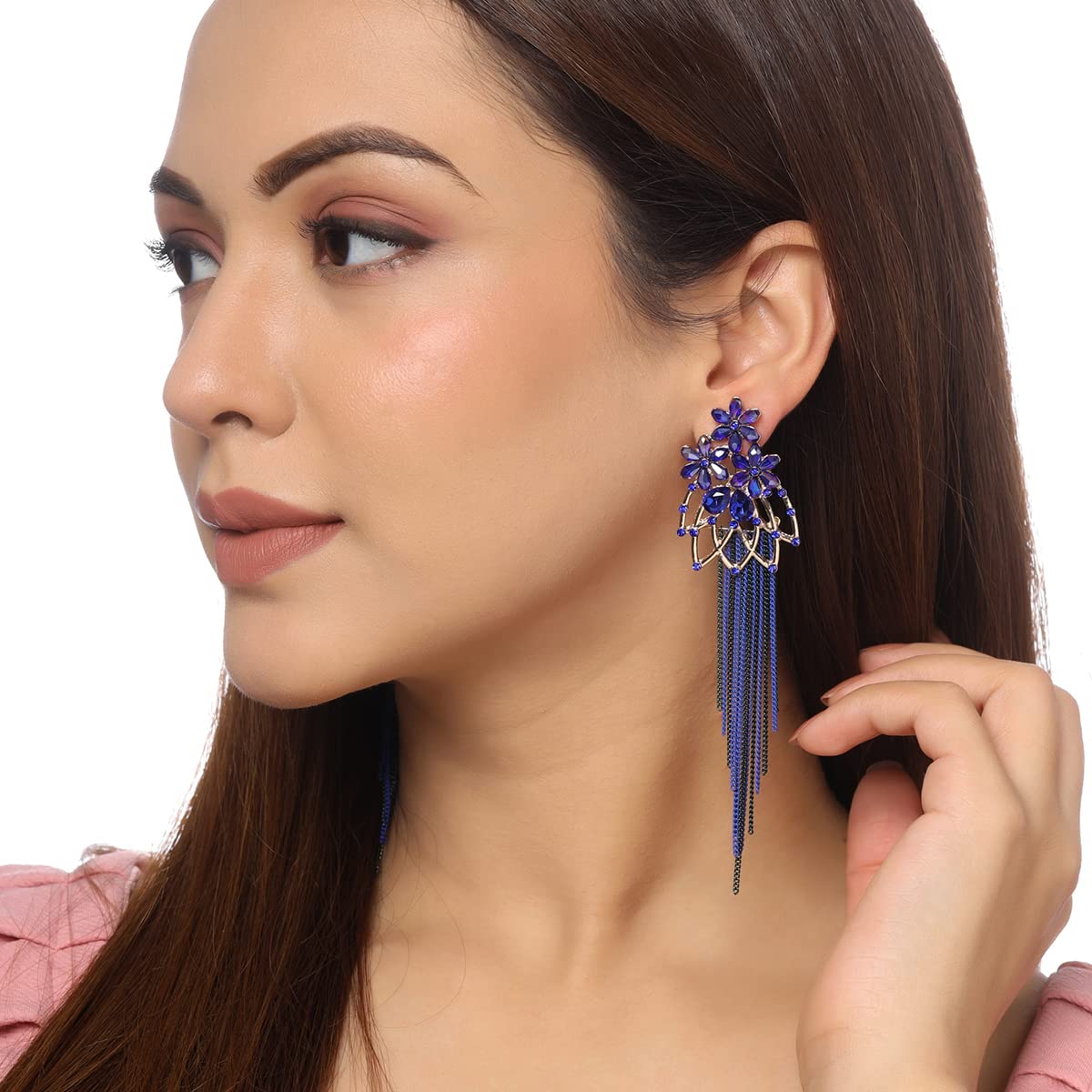 Yellow Chimes Crystal Danglers Earrings for Women Floral Shaped Crystal Blue Long Chain Dangler Earrings for Women and Girls