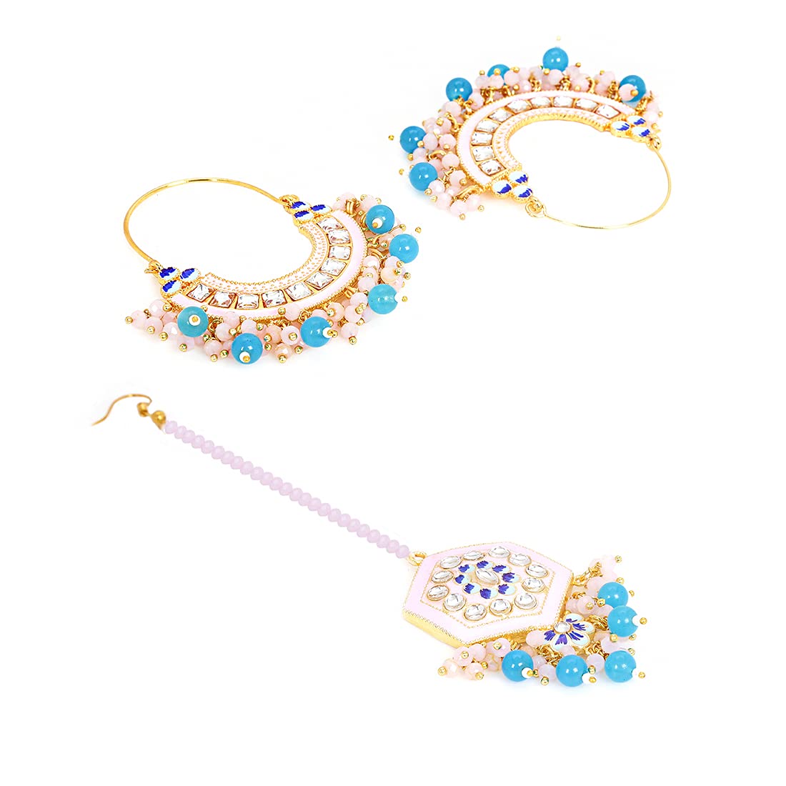 Yellow Chimes Ethnic Gold Plated Traditional Studded Stone Blue Beads Pink Meenakari Chandbali Earrings with Maangtikka for Women and Girls, Medium (YCTJER-108CNDMGT-PK)