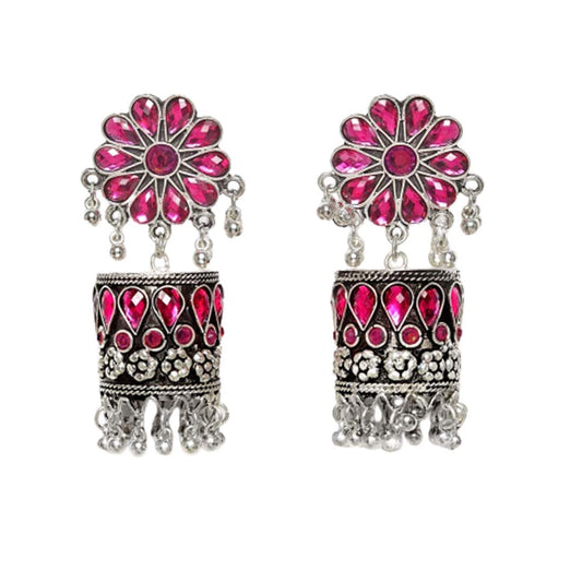 Kairangi Earrings for Women and Girls | Pink Studded Stone Silver Oxidised Jhumka | German Silver Oxidized | Floral Shape Big Jhumki Earring | Birthday Gift for girls & women Anniversary Gift for Wife