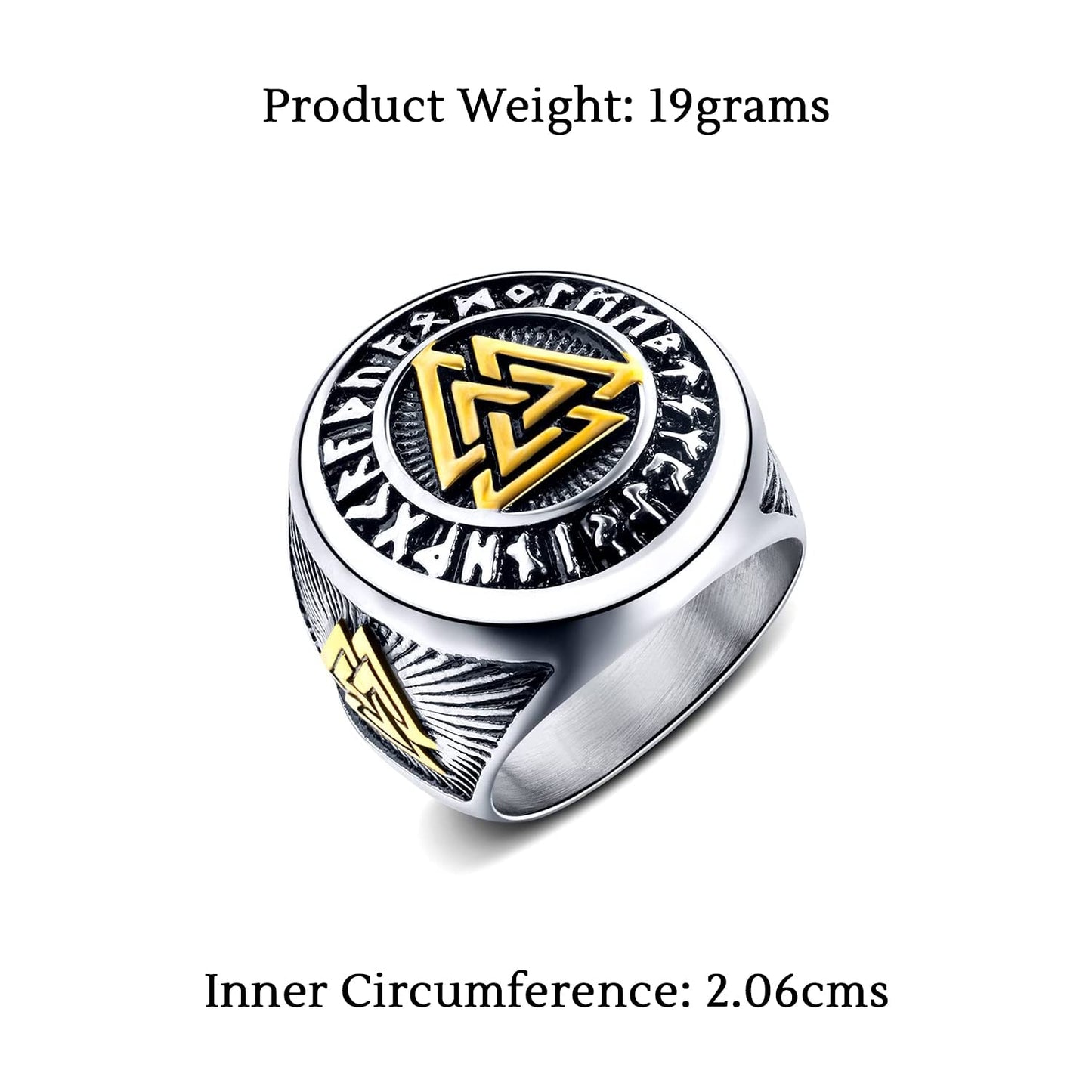 Yellow Chimes Rings for Men Stainless Steel Valknut Ring with Rune Circle Odin Symbol Band Finger Ring for Men and Boys.