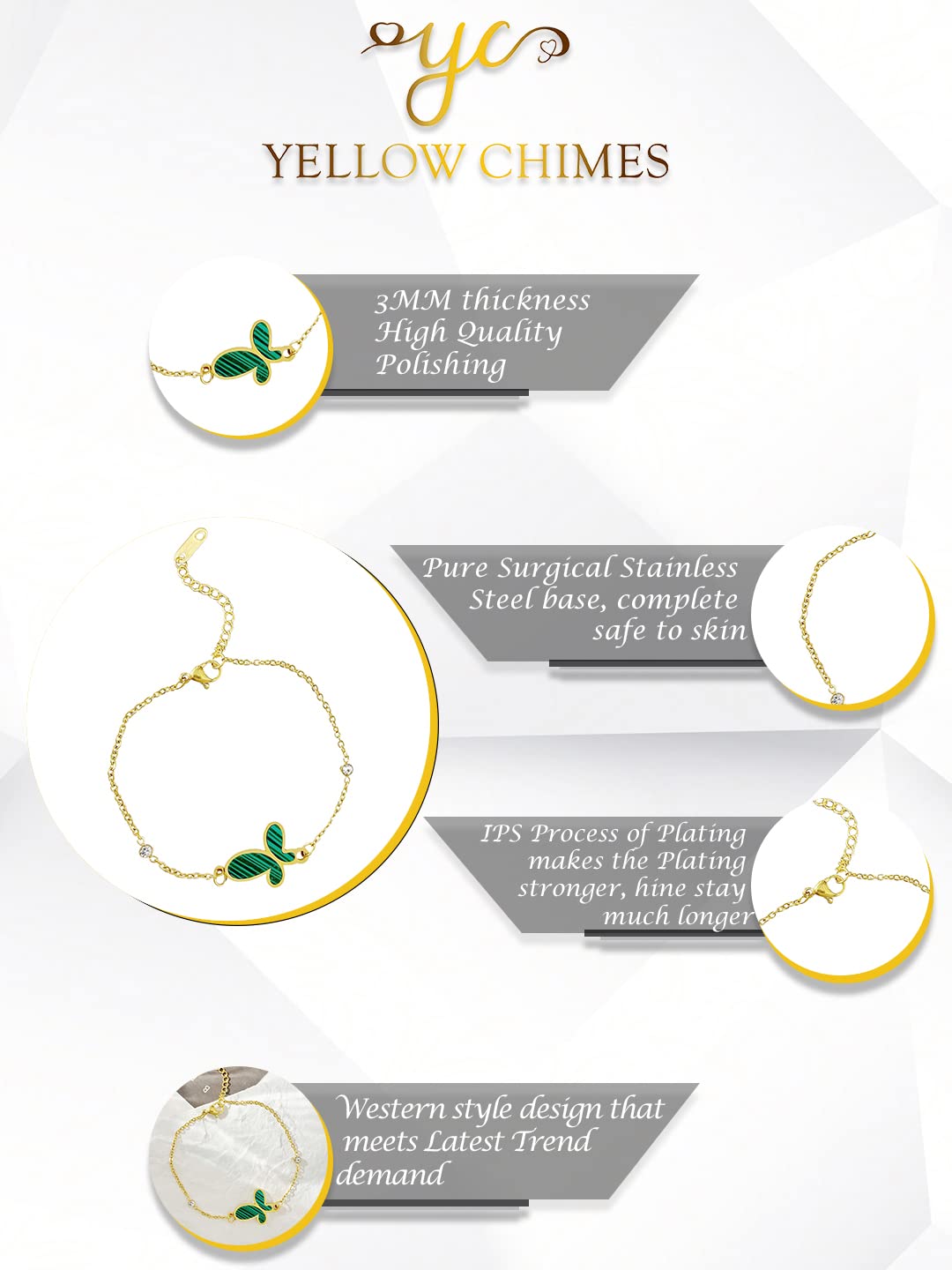 Yellow Chimes Bracelet for Women Stainless Steel Gold Plated Green Butterfly Charm Bracelet for Women and Girls