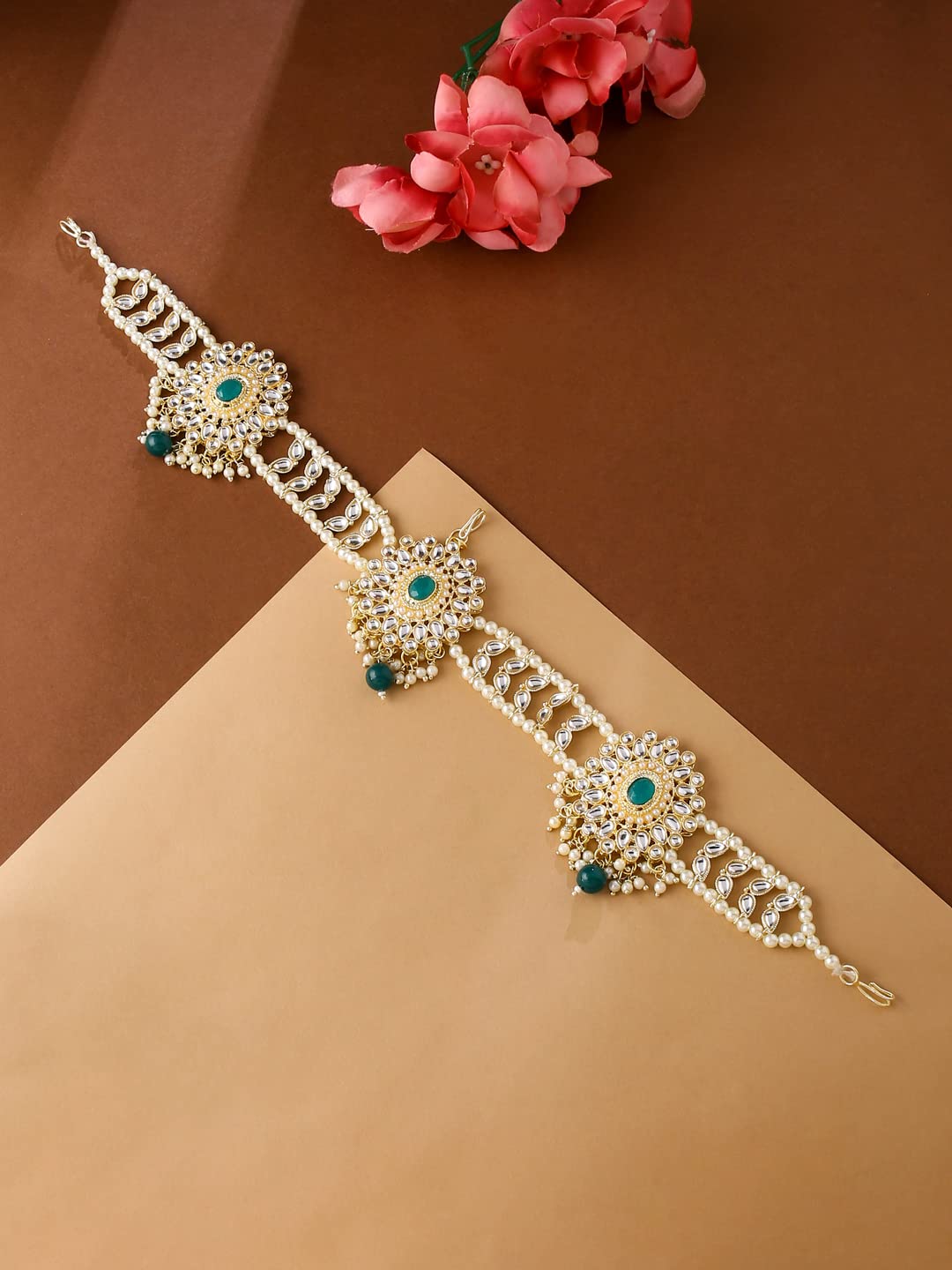 Yellow Chimes Mathapati for Women Gold Toned Kundan and Green Crystal Studded Pearl Designed Head Chain/Mathapati for Women and Girls