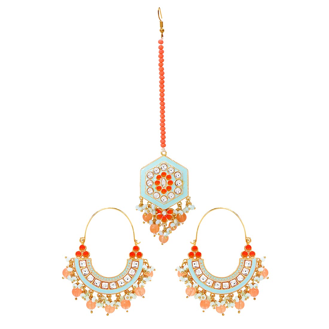 Yellow Chimes Ethnic Gold Plated Traditional Studded Stone Beads Blue Meenakari Chandbali Earrings with Maangtikka for Women and Girls, Medium (YCTJER-108CNDMGT-BL)