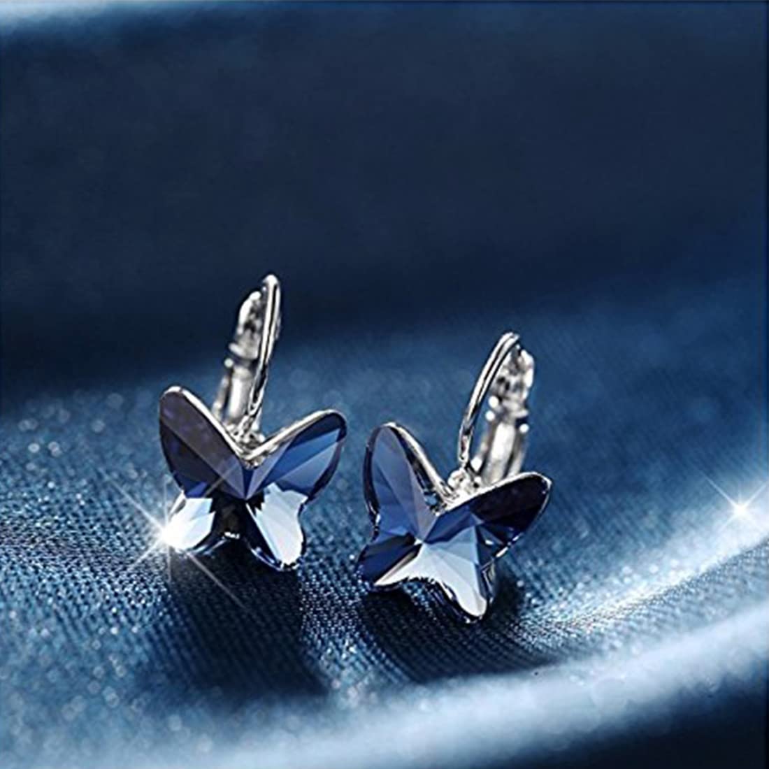 Kairangi Earrings for Women and Girls Blue Crystal Clip on Earrings Silver Tones Butterfly Shaped Clipon Earrings for Women | Birthday Gift for girls and women Anniversary Gift for Wife