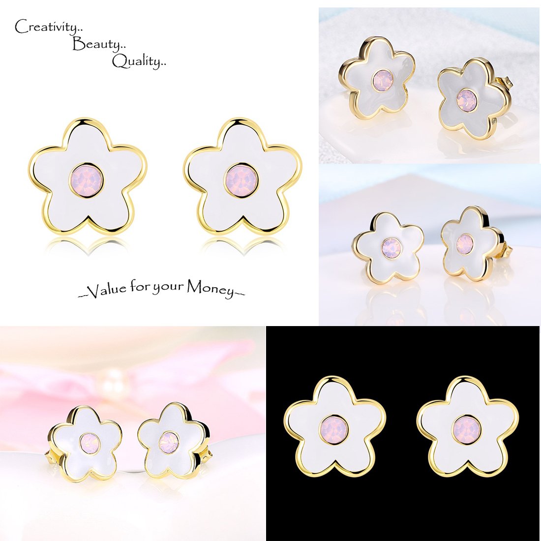 YELLOW CHIMES White Flower High Grade Enamel 18K Gold Plated Austrian Crystal Earrings for Girls and Women