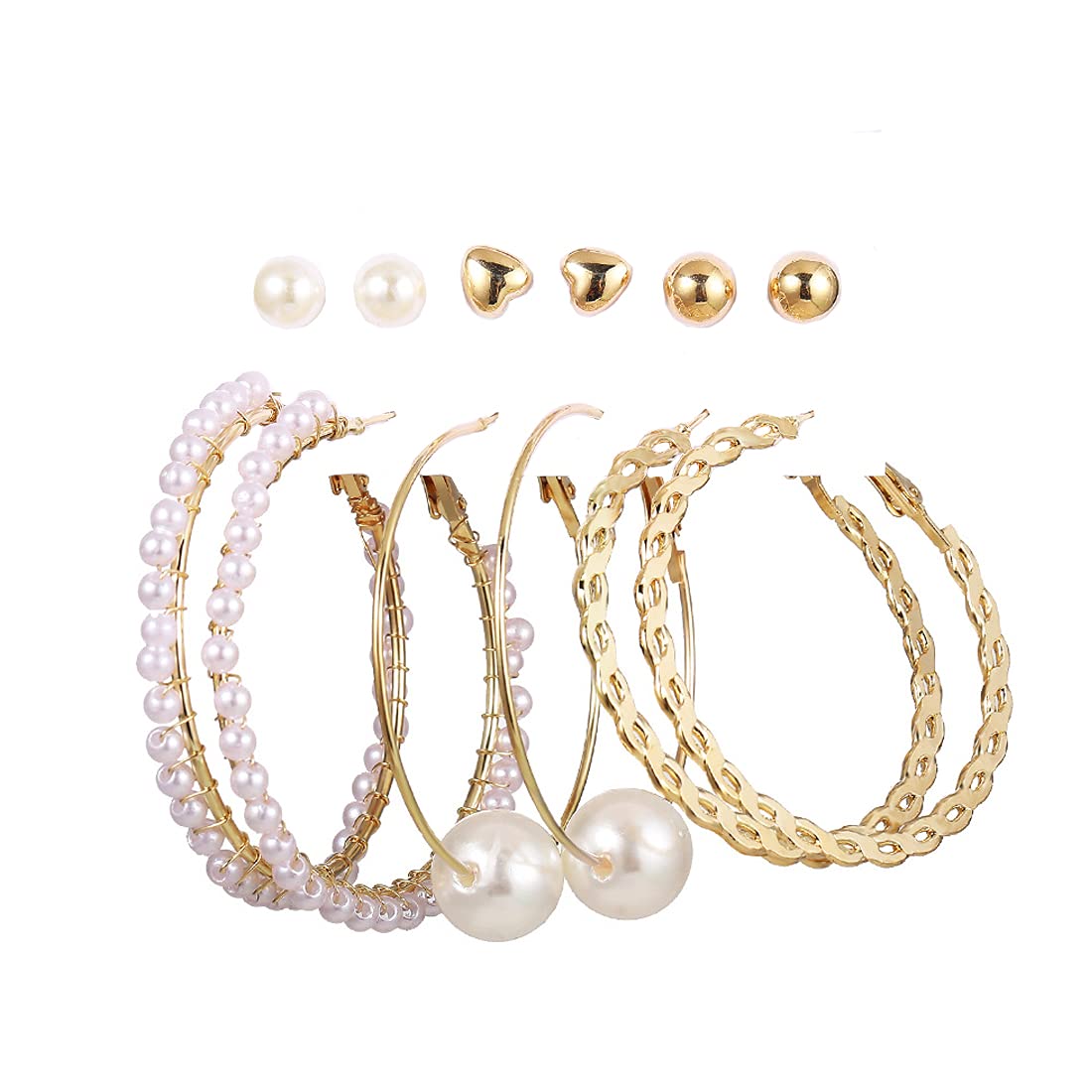 Kairangi Earrings for Women and Girls Fashion White Pearl Hoops Set | Gold Plated Combo of 6 Pairs Stud Hoop Earring Set | Birthday Gift for girls and women Anniversary Gift for Wife