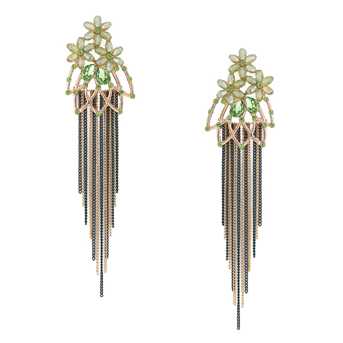 Yellow Chimes Crystal Danglers Earrings for Women Floral Shaped Crystal Green Long Chain Dangler Earrings for Women and Girls