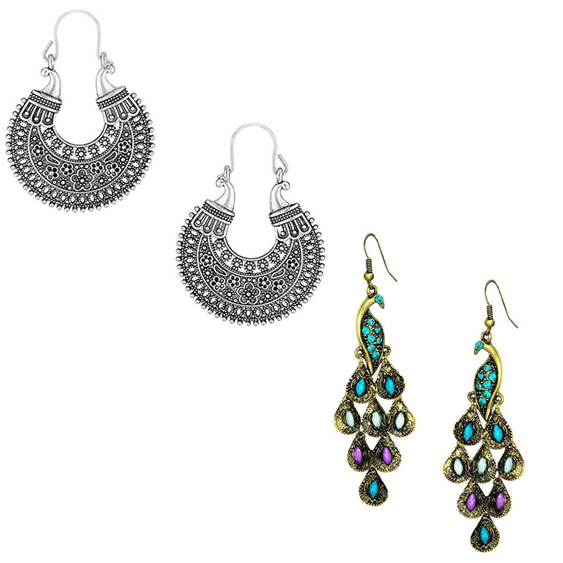 Yellow Chimes Special Combo 2 Pairs Stylish Peacock Artistic Crafted Chandbali Earrings for Women and Girls