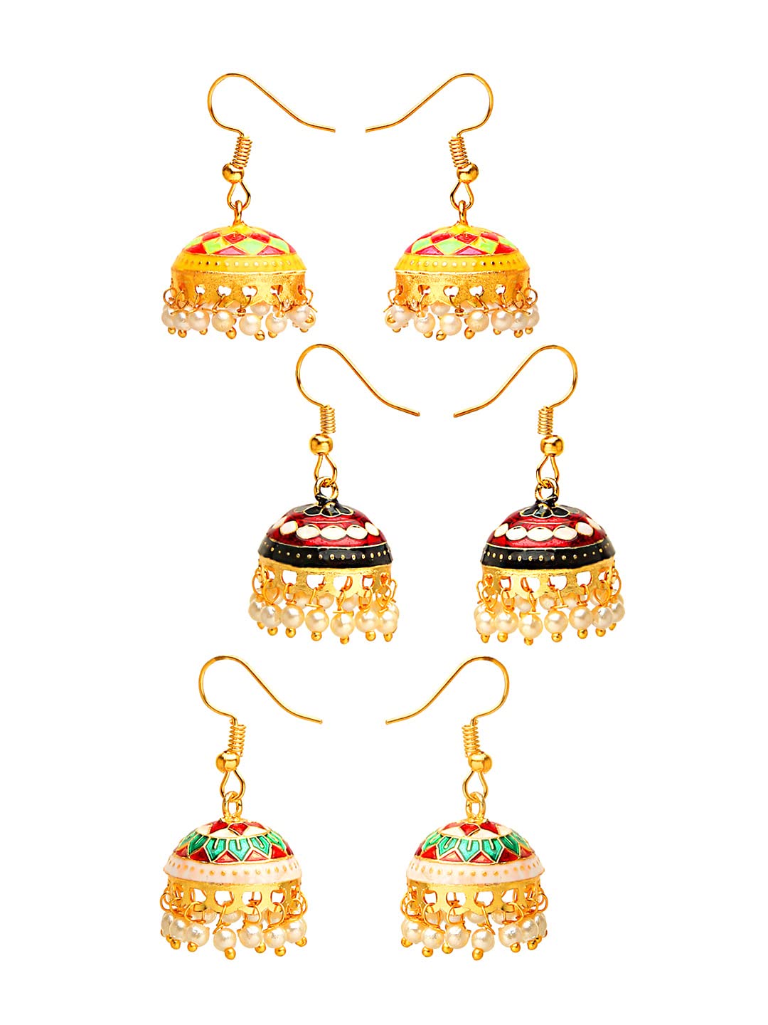 Yellow Chimes Meenakari Jumka Earrings with Ethnic Design Gold Plated Traditional Beads Combo of 3 pairs for Women and Girls
