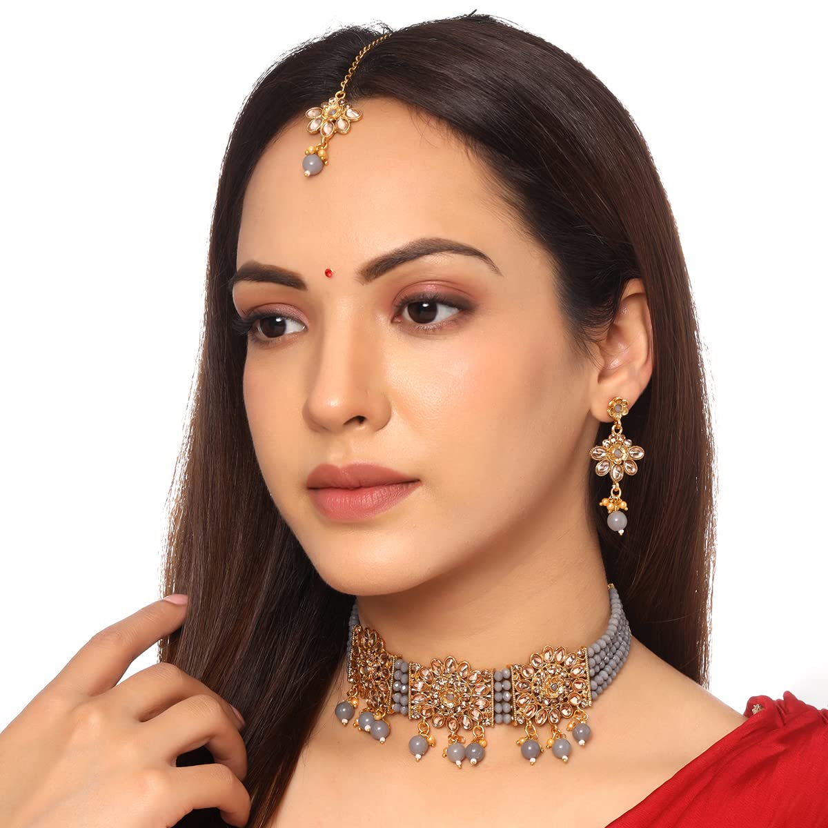 Yellow Chimes Jewellery Set For Women Kundan Studded Multi Charm Choker Set With Earrings and Mangtikka For Women and Girls