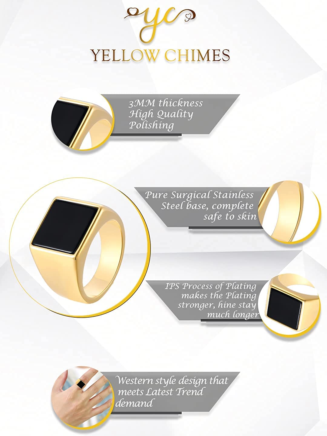 Yellow Chimes Rings for Men gold plated Black colored in Center Metal Stainless Steel Band Style Ring for men and Boys(Size US 10)