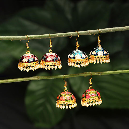 Kairangi Meenakari Jumka Earrings with Ethnic Design Gold Plated Traditional Beads Combo of 3 pair for Women and Girls