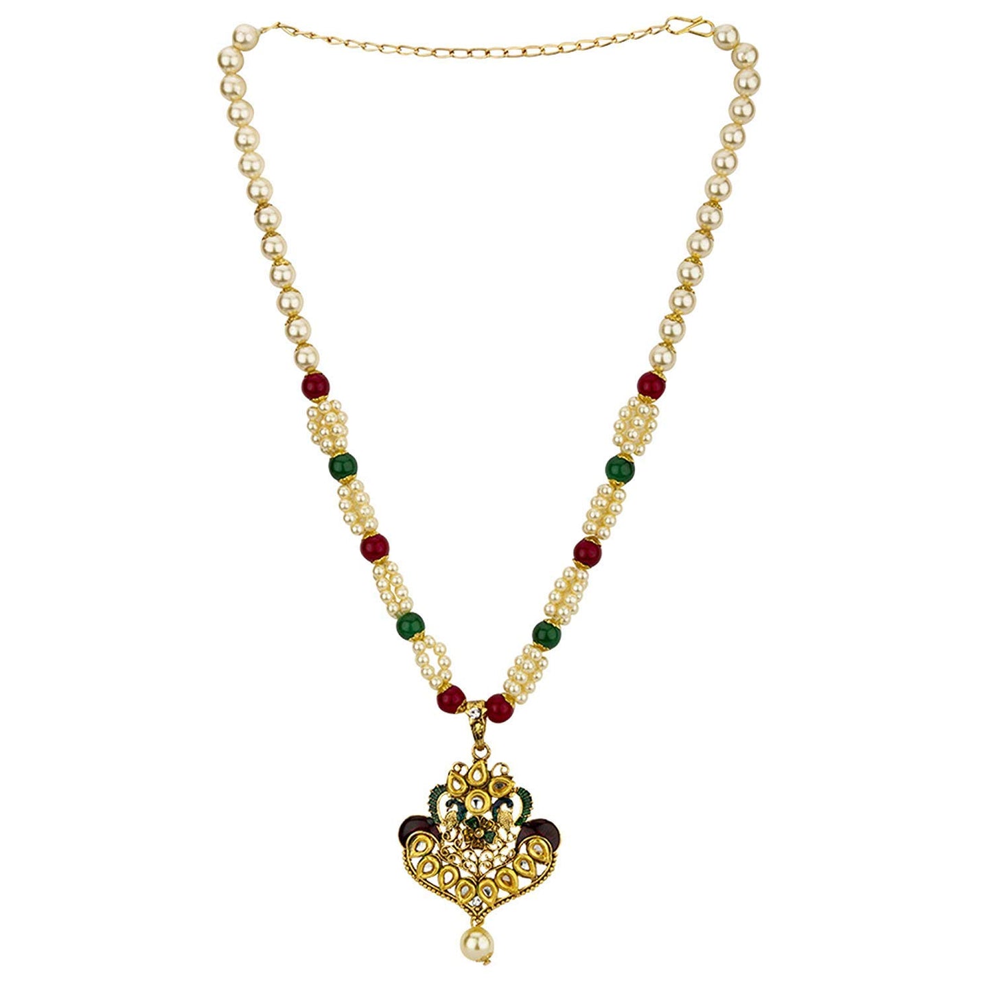 Yellow Chimes Exclusive Traditional Floral Peacock Desaign Pearl Kundan Necklace With Drop Earrings For Women