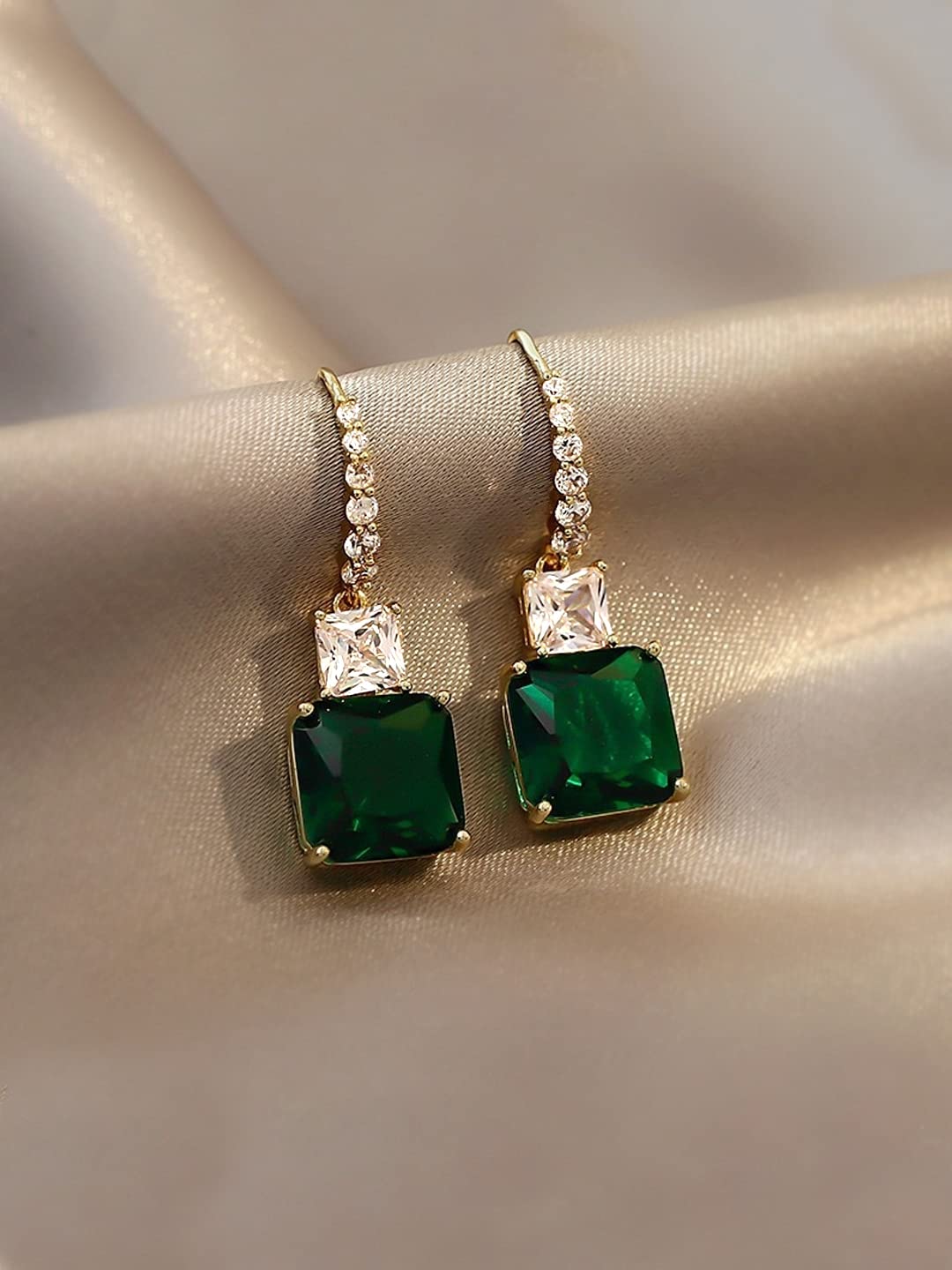 Yellow Chimes Earrings For Women Green Color Crystal Studded Huggie Hoop With Rectangular Drop Earrings For Women and Girls