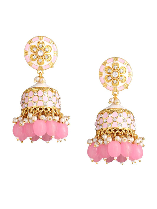 Yellow Chimes Traditional Gold Toned Pink Floral Design Pearl Meenakari Jhumka Jhumki Earrings for Women and Girls, Medium (YCTJER-92MNKJHK-PK)