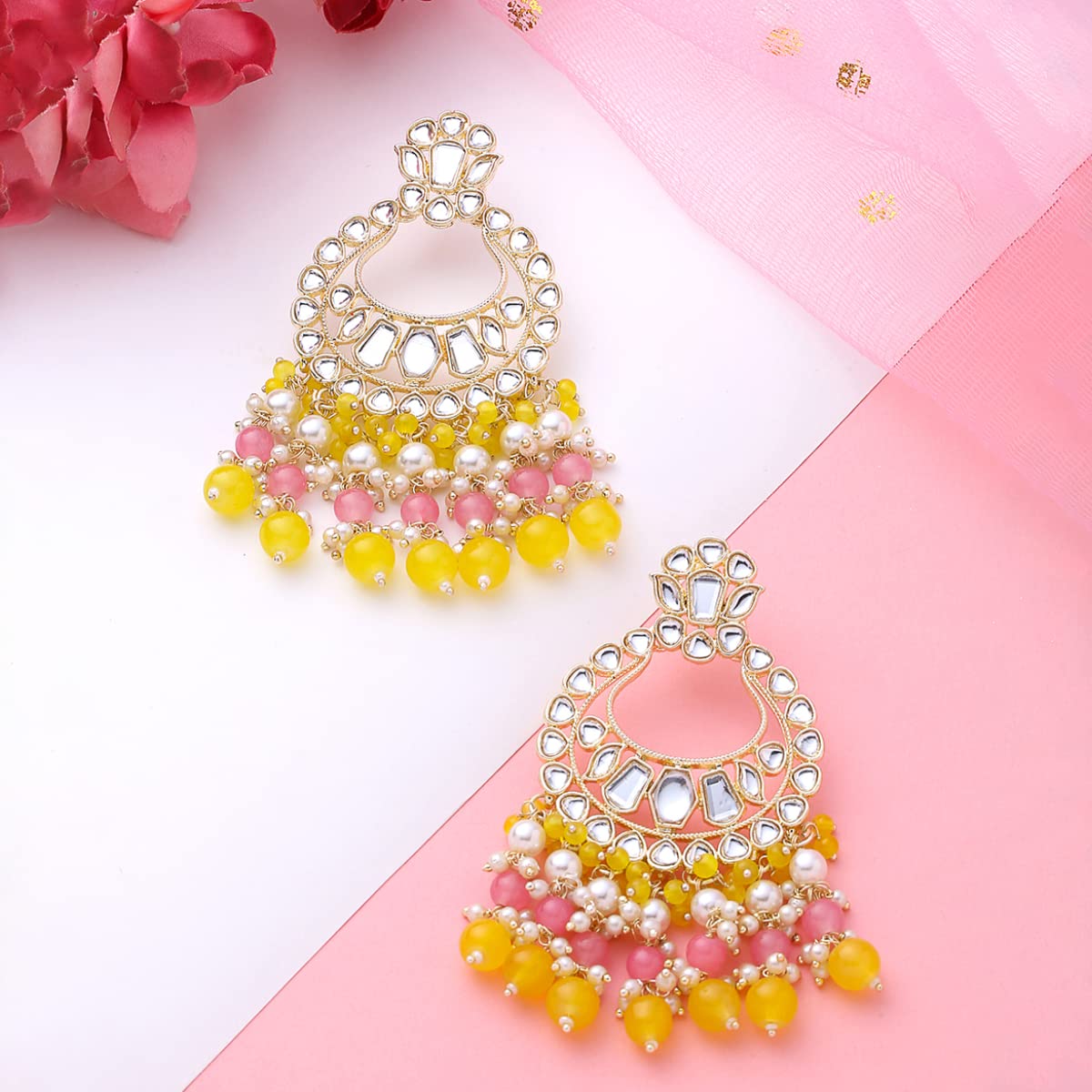 Yellow Chimes Earrings for Women and Girls Traditional Kundan Chandbali | Gold Plated Kundan Studded Yellow Beads Drop Chandbali Earrings | Birthday Gift for girls and women Anniversary Gift for Wife