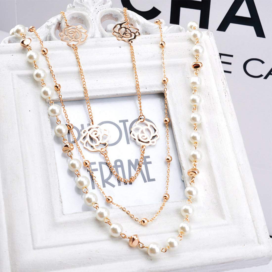 Yellow Chimes Long Chain Necklace for Women Pearl Necklace for Girls Multilayer Gold-Plated Floral Chain Necklace for Women and Girl's