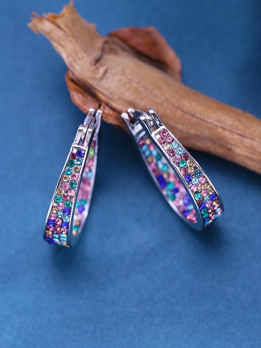 Kairangi Hoop Earrings for Women Silver Plated Multicolor Crystal Studded Hoop Earrings for Women and Girls