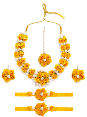 Yellow Chimes Yellow Flower Jewellery Set for Haldi Baby Shower Mehandi Godbharai Bahubali Paper Aritificial Jewelley Set for Women and Girls