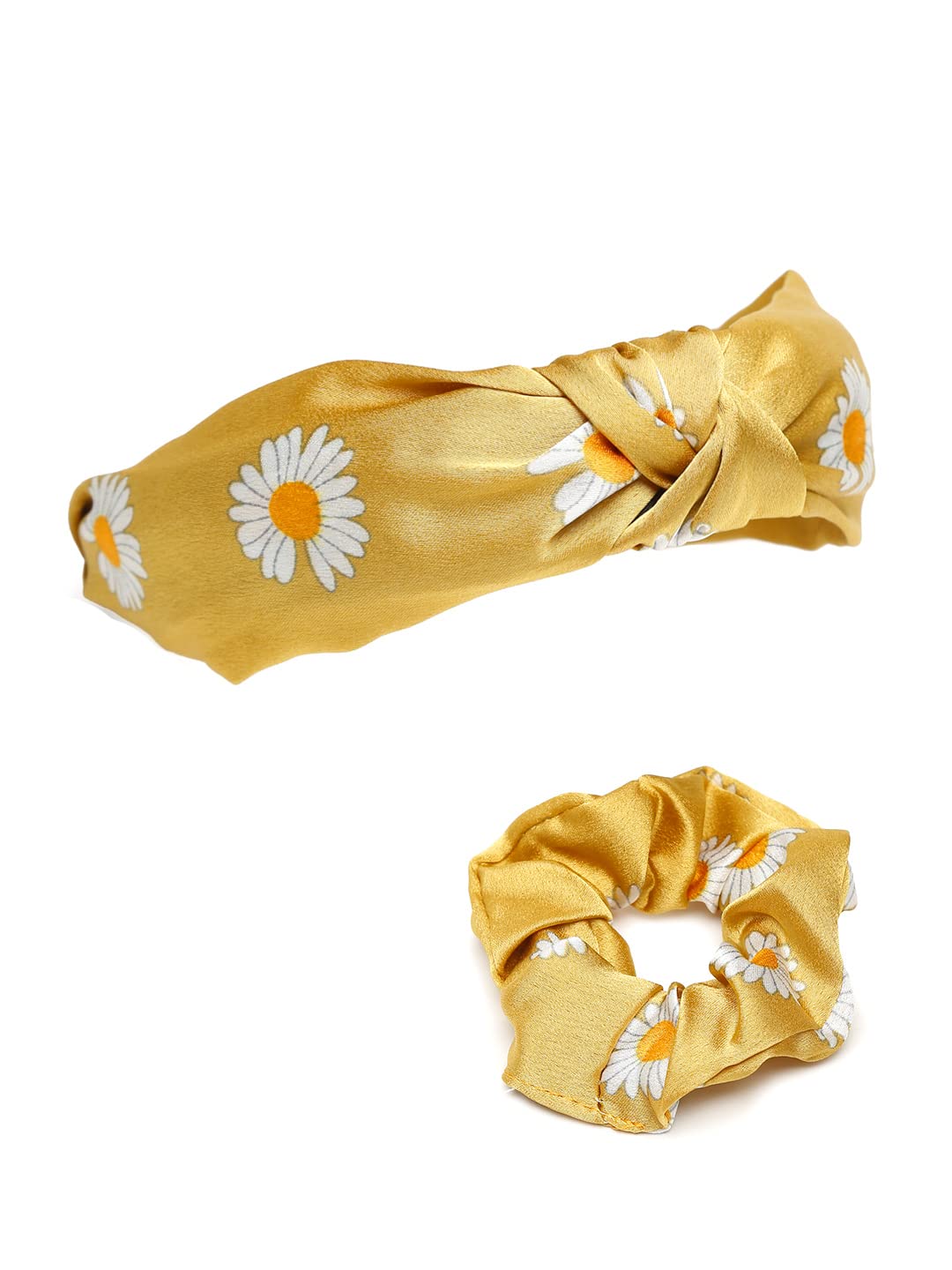 Yellow Chimes Hair Band for Girls Women Hair Accessories for Girls Hairband & Scrunchies Set For Women Floral Printed Yellow Satin Scrunchies Head Bands for Girls Hair Ties Head Band for Girls Gift For Women & Girls