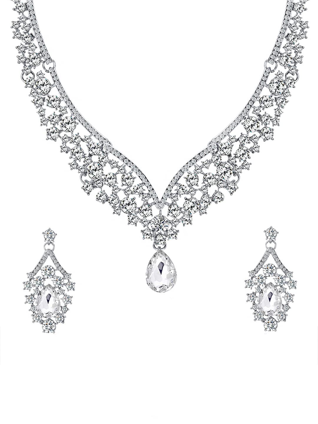 Yellow Chimes Jewellery Set For Women with Studded Classic Design Silver Plated White crystal Necklace Set (Design-11)
