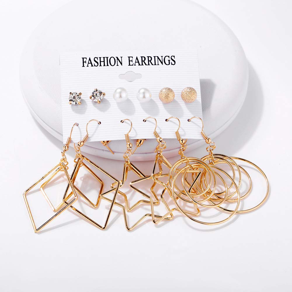 Yellow Chimes Golden Base Metal pearl Multiple Stud Earrings Big Hoop Tassel Drop Pearl Earrings for Women and Girls (Moon & Star, 6 and 9 Pairs Assorted)