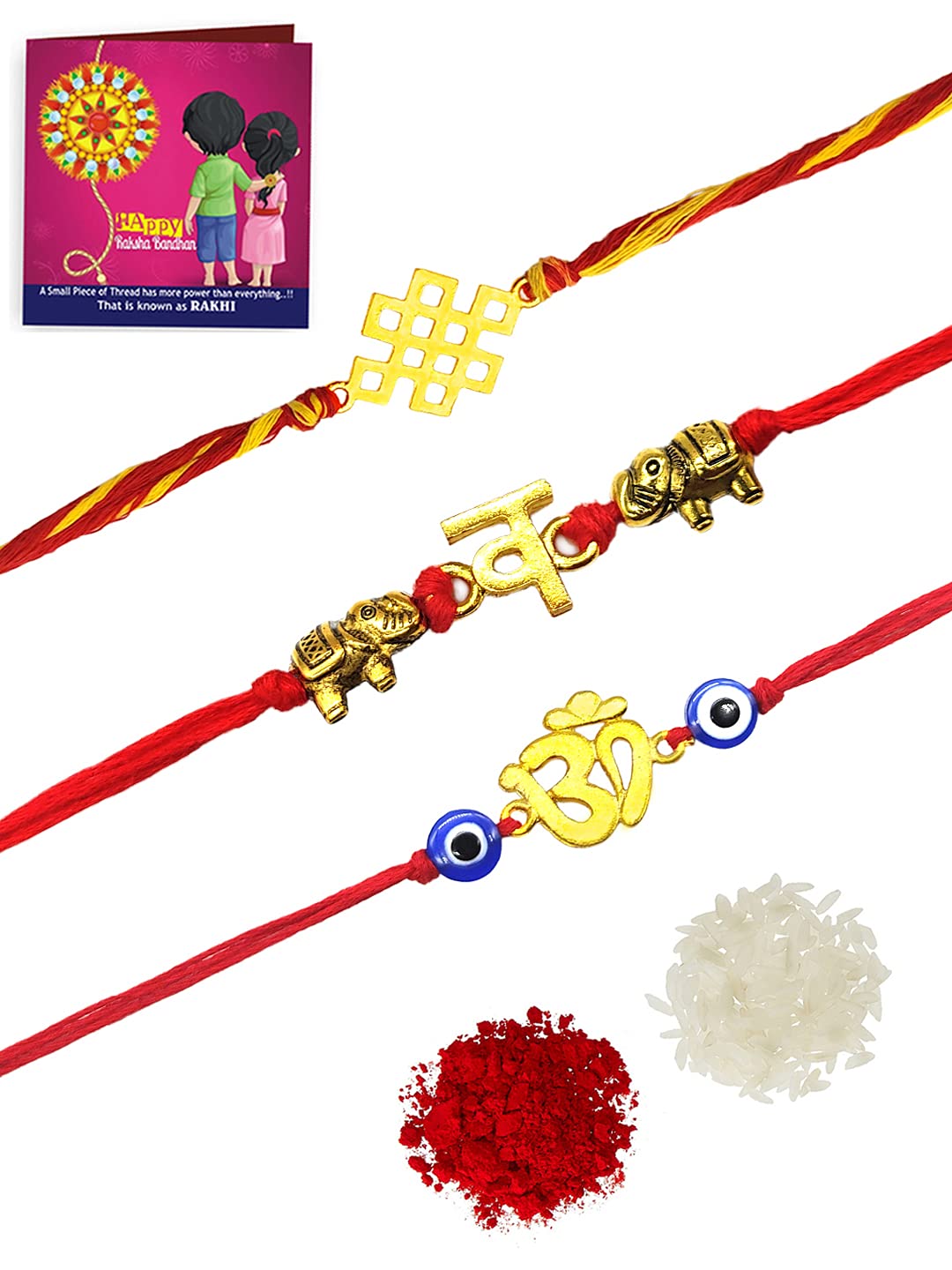 Yellow Chimes Combo of 3 Pcs Handmade Dori Worked Gold Toned OM Initial Letter V and Celtic Design Evil Eye Beads Rakhi for Brother with Roli & Chawal