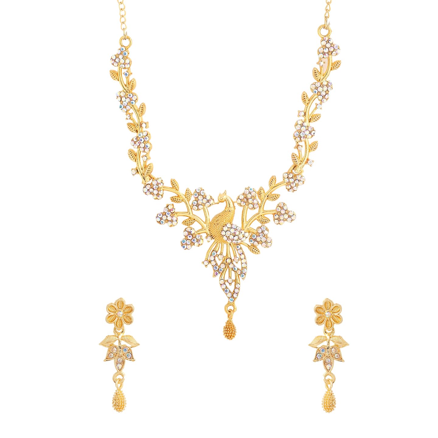 Yellow Chimes Jewellery Set for Women and Girls Gold Necklace Set for Women | Gold Toned Crystal Studded Peacock Designed Necklace Set | Birthday Gift for girls and women Anniversary Gift for Wife