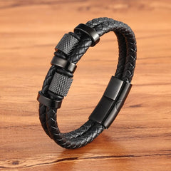 Yellow Chimes Handcrafted Braided Black Genuine Leather Magnetic-Clasp Wrist Wrap Band Bracelet for Men and Boys