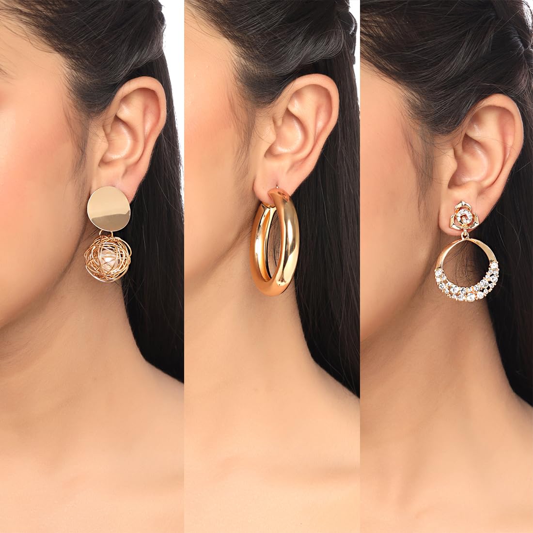 Kairangi Drop Earrings for Women 3 Pairs Combo Golden Earrings Geometric Shapes Gold Plated Hoop Earrings for Women and Girls