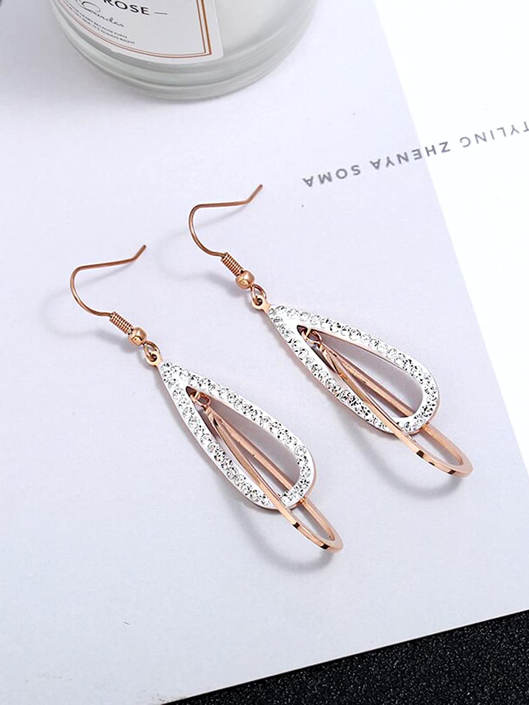 Yellow Chimes Danglers Earrings for Women Stainless Steel Rose Gold Plated Crystal Studded Dangler Earrings for Women and Girls