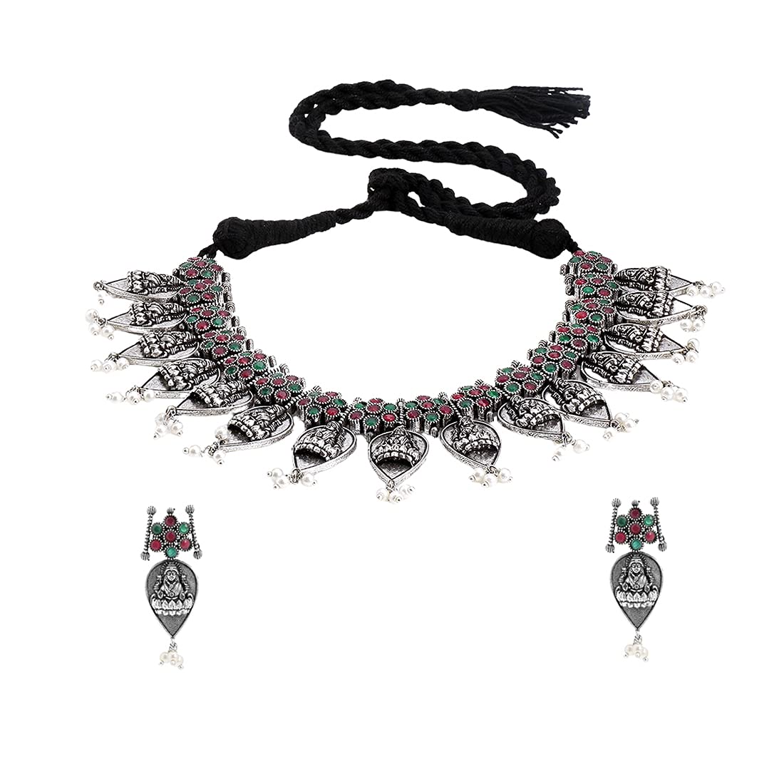 Yellow Chimes Ethnic German Silver Oxidised Multicolour studded stones moti Design Lakshmi Choker Necklace Set Traditional Jewellery Set for Women and Girls, Medium (YCTJNS-54OXDLFLK-MC)