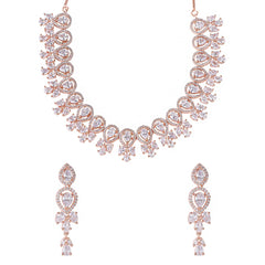 Yellow Chimes Jewellery Set for Womens Rosegold Plated AD/American Diamond Studded Crystal Necklace Set with Earrings for Women and Girls