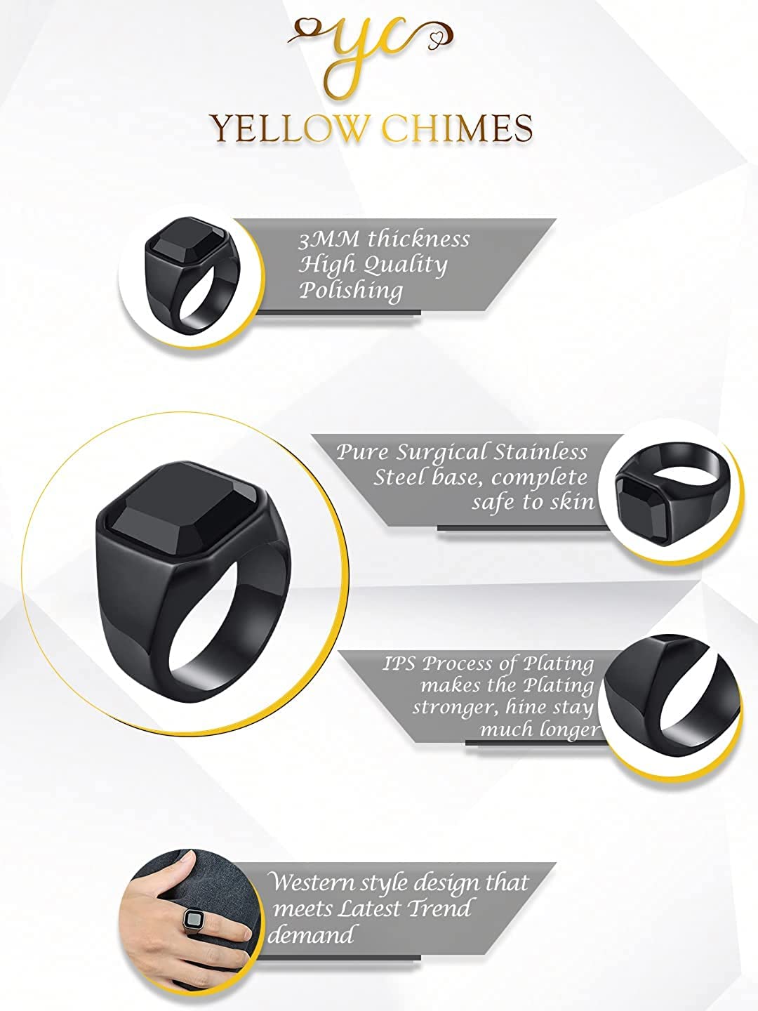 Yellow Chimes Rings for Men Stainless Steel Black Ring Square Shaped Crystal Black Steel Ring for Men and Boys.