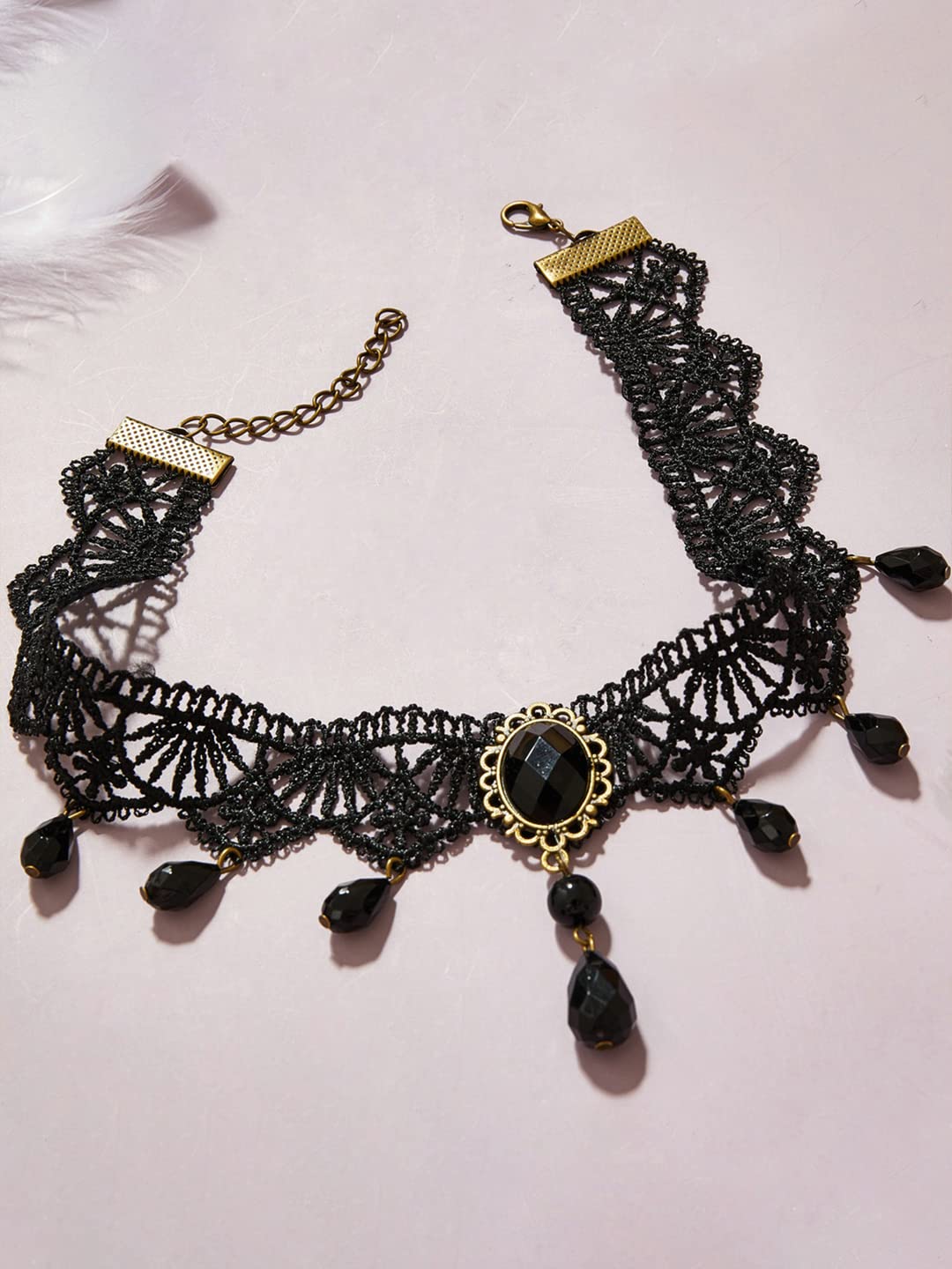 Yellow Chimes Necklace For Women Black Fabric Lace With Black Stone Hanging Choker Necklace For Women and Girls
