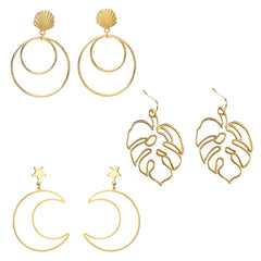Yellow Chimes Combo of 3 Pairs Latest Fashion Gold Plated Geometric Design Round Leaf Shape Dangle Earrings for Women and Girls, Medium, YCFJER-15GEOMTRC-C-GL