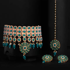 Yellow Chimes Gold Plated Traditional Emerald Green Stones pearl Choker necklace set with Drop earrings with maang tikka bridal jewellery set