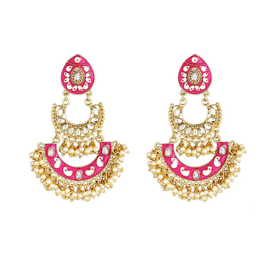 Yellow Chimes Meenakari Chandbali Earrings for Women Ethnic Gold Plated Handpainted Traditional Pink Chandbali Earrings for Women and Girls.