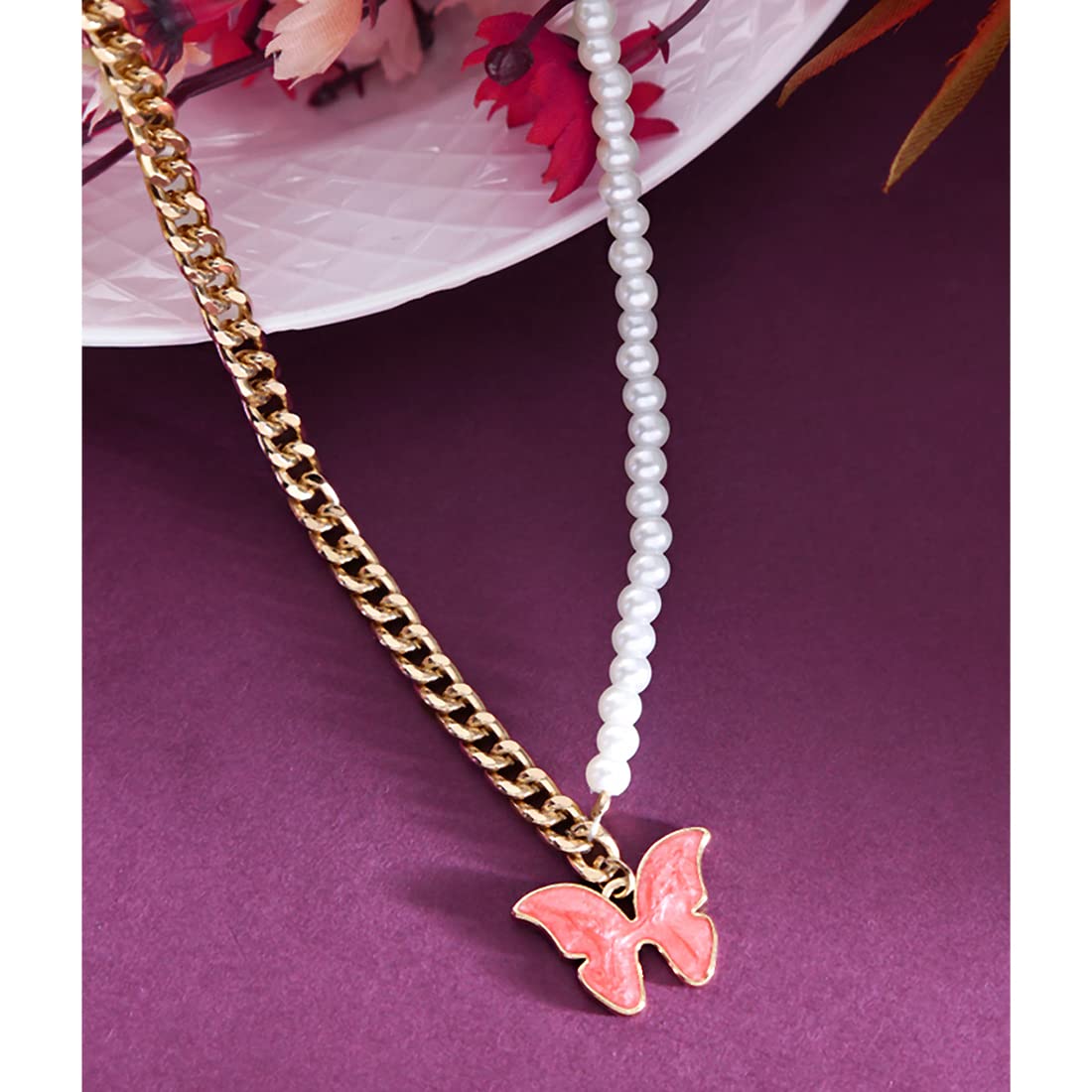 Yellow Chimes Butterfly Necklace for Women Fashion Necklace White Pearl Golden Chain Pendant with Butterfly Charm Necklace for Women and Girls