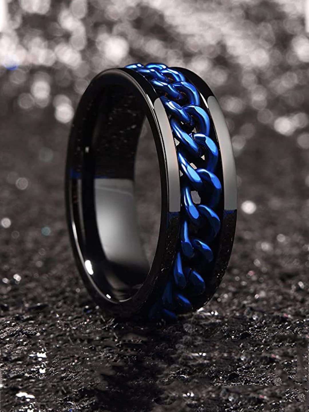 Yellow Chimes Rings for Men Chain Ring Tough Dude Blue Chain Stainless Steel Black Ring for Men and Boys.