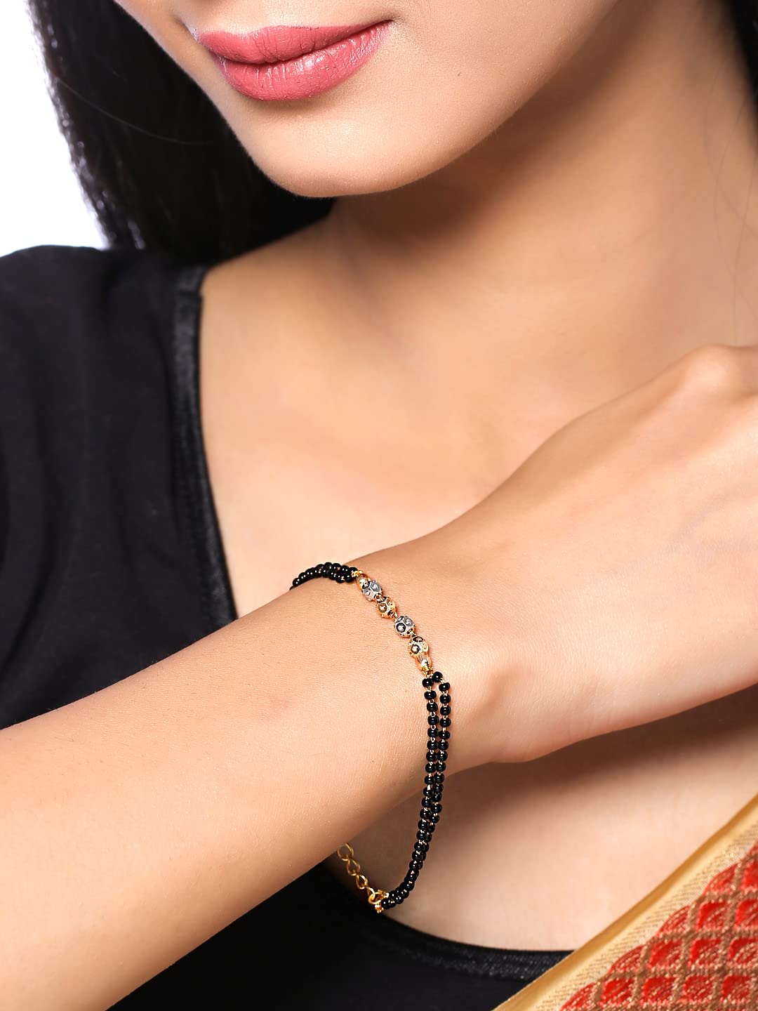 Yellow Chimes Bracelet for Women Gold Toned Black Beads MangalSutra Designed Bracelet for Women and Girls