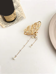 Yellow Chimes Hair Clip For Women Gold Tone Butterfly Shape With Pearl Beads Cluthers Hair Claw Clip For Women and Girls