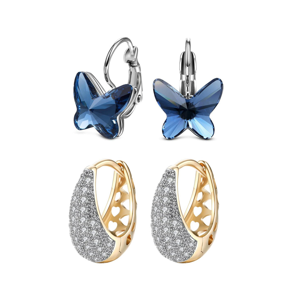 Yellow Chimes Earrings for Women and Girls | 2 Pair Combo of Gold Crystal Hoop and Blue Butterfly Designed Clipon Earrings for Women | Birthday Gift for Girls and Women Anniversary Gift for Wife