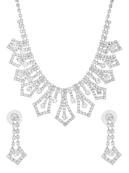 Yellow Chimes Jewellery Set with White Crystal Studded Classic Design Silver Plated Necklace Set for Women and Girls