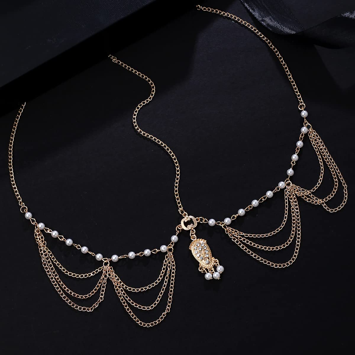 Yellow Chimes Head Chain For Women Layered Gold Toned Pearl Studded Charm Head Chain For Women and Girls