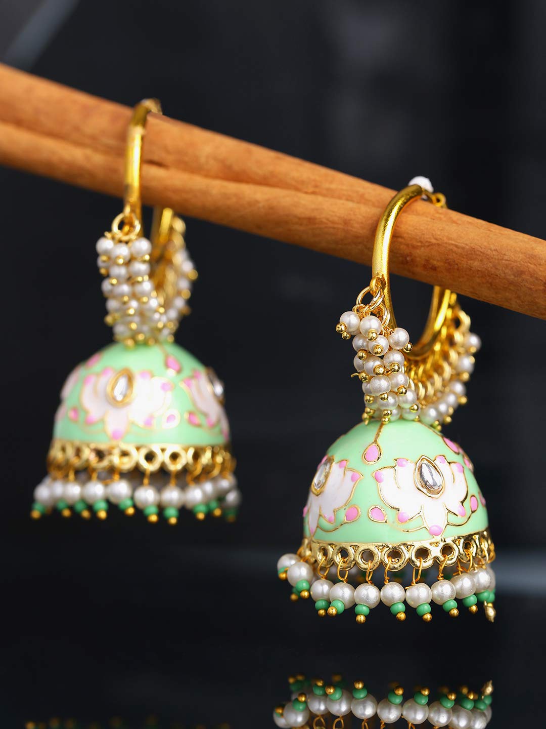 Yellow Chimes Meenakari Earrings Handcrafted Gold toned Traditional Green Jhumka/Jhumki Earrings for Women and Girls