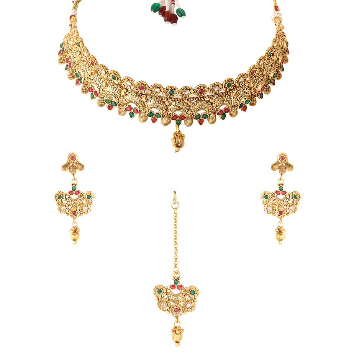 Yellow Chimes Jewellery Set For Women Gold Plated Crystal Studded Floral Designed Traditional Choker Necklace Set with Earrings and Mangtikka For Women and Girls