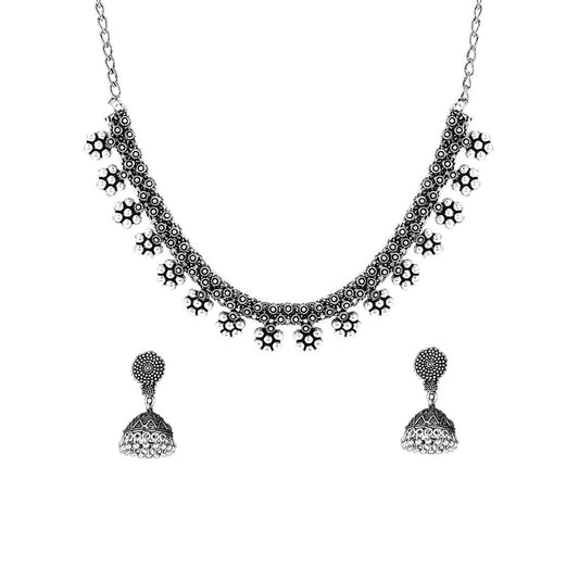 Yellow Chimes Ethnic German Silver Oxidised Choker Necklace Set with Earrings Traditional Jewellery Set for Women and Girls